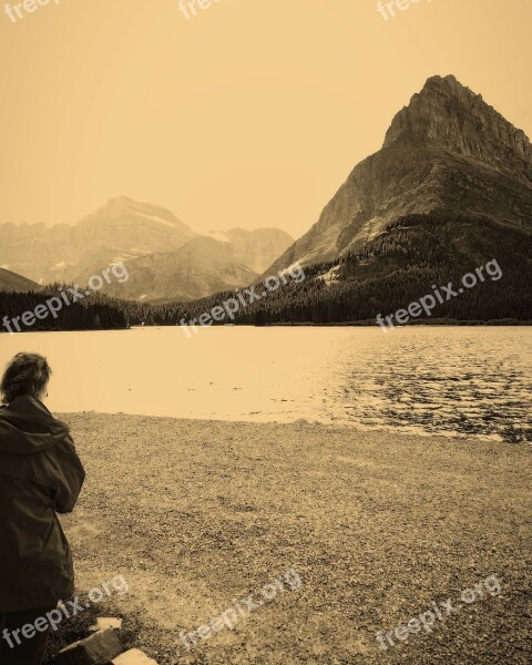 Swiftcurrent Lake Mountain Lake Nature Landscape