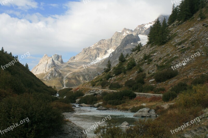 Alps Stream Mountains Snow Caps Valley