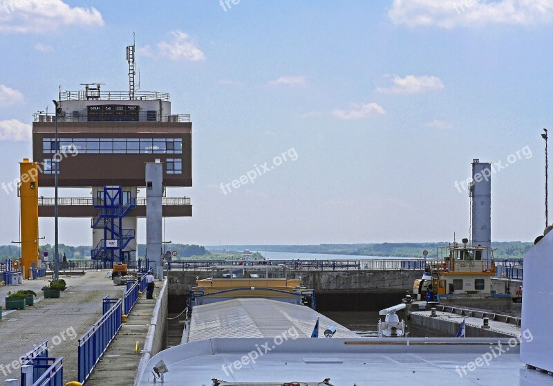 Twenty-meter-lock Almost To The Top Lock Chamber Filled Control Tower View Over The Danube Plain