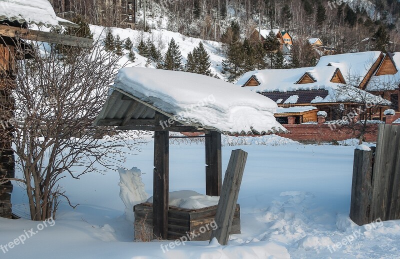 Wells Snow Winter Landscape Wooden Houses Village