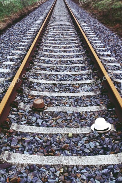 Railway Line Railway Train Straw Hat Couple Of Tracks