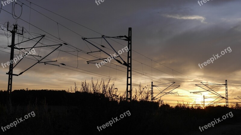 Sunset Railway Embankment Train Evening Romance