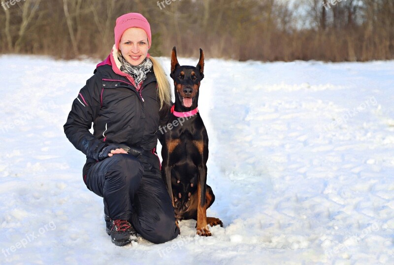 Doberman Dog Woman Friendship Snow