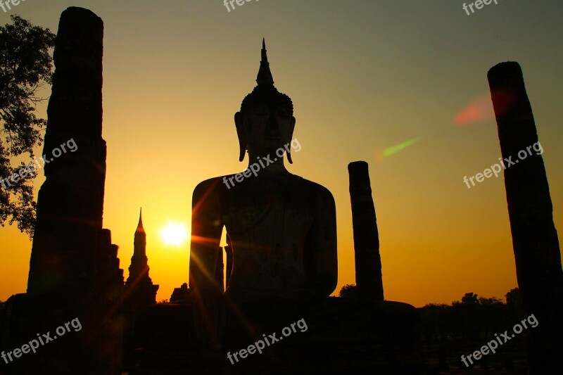 Thailand Sukhothai Sunset Silhouette Dawn