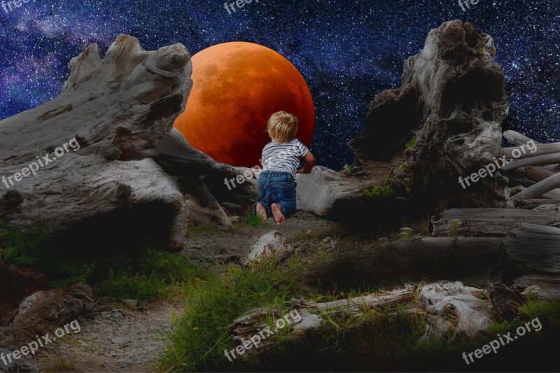 Full Moon Blood Moon Red Moon Lunar Eclipse Child