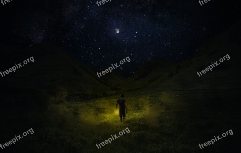 Meadow Night Moon Starry Sky