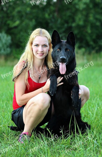 Black German Shepherd Dog Blonde Woman Friendship Hug