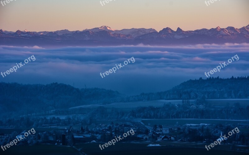 Fog Mountains Twilight Winter Panorama