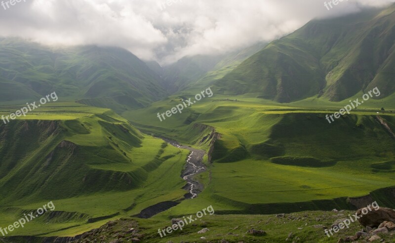 Caucasus Georgia Military Highway Green Landscape Rain Clouds