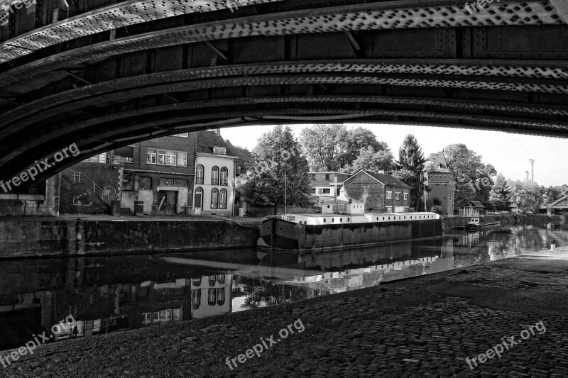 Peniche Channel Metal Bridge Reflection Black And White