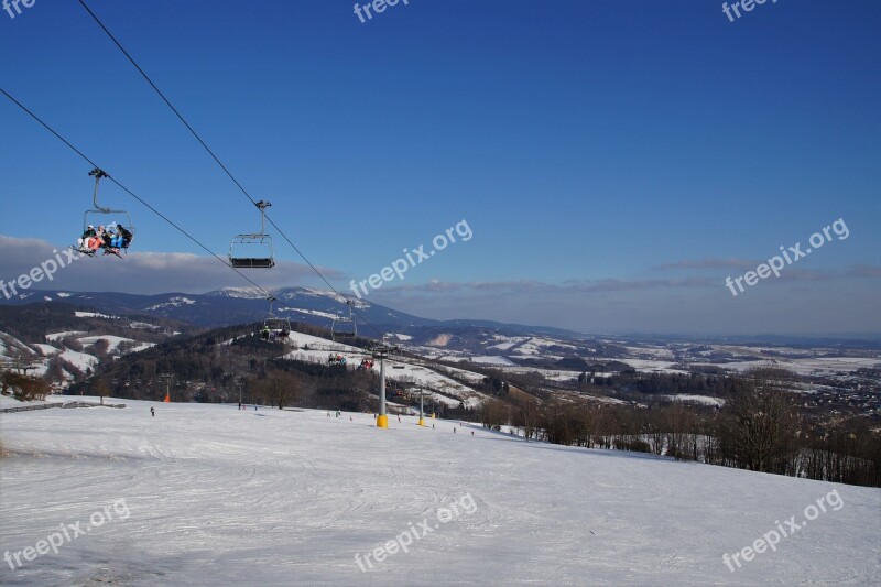 Cableway Seater Skiers Winter Mountains