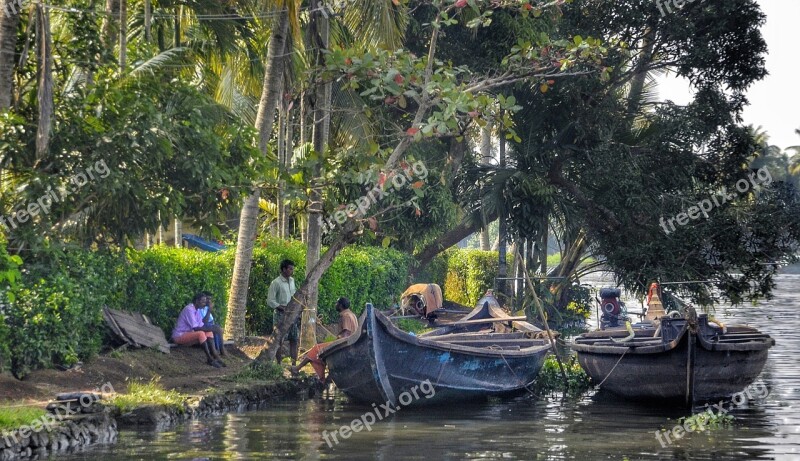 Villagers Talking Backwaters Wooden Boats