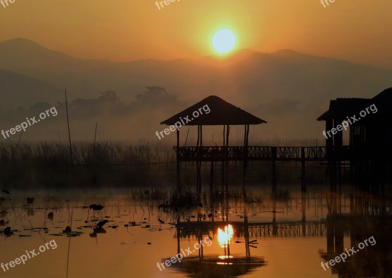 Burma Dawn Sunset Body Of Water Lake