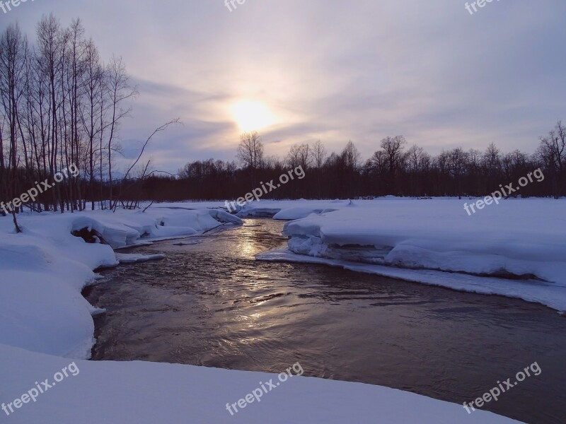 Winter River Mountains Forest Reflection