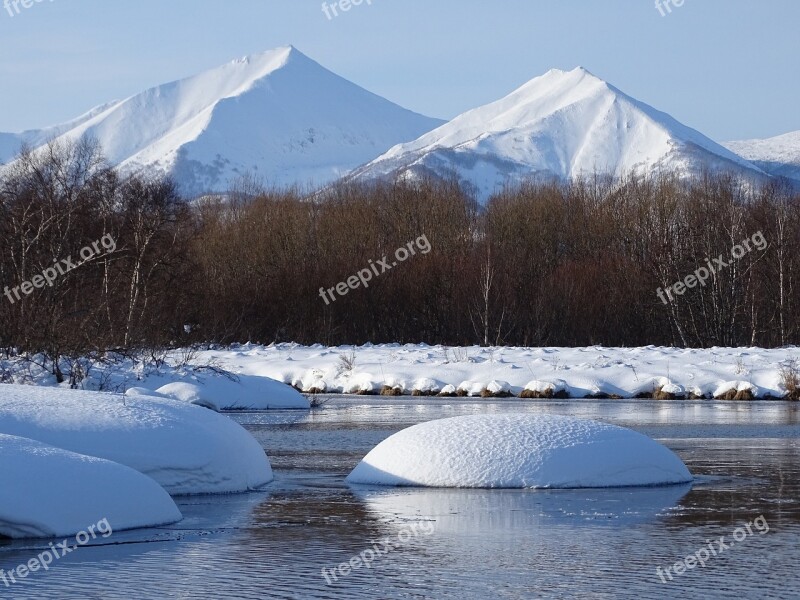 Winter River Mountains Forest Reflection