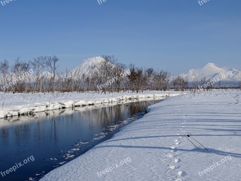 Winter River Mountains Forest Reflection