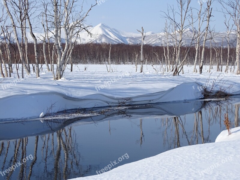 Winter River Mountains Forest Reflection