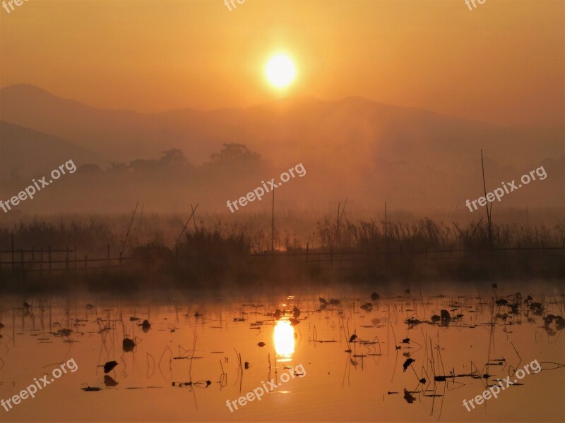 Burma Dawn Sunset Body Of Water Reflection