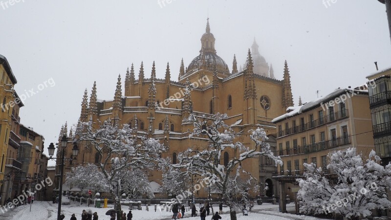 Segovia Cathedral Main Square Winter Snow