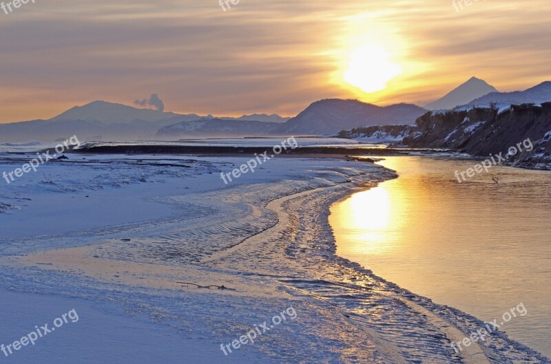 Sunset River Nature Dawn Volcanoes