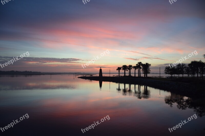 Lighthouse Sunrise Trees Palm Trees Lake