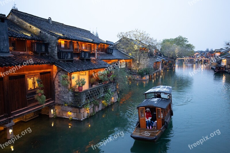 China Wuzhen Winter Ship Night View