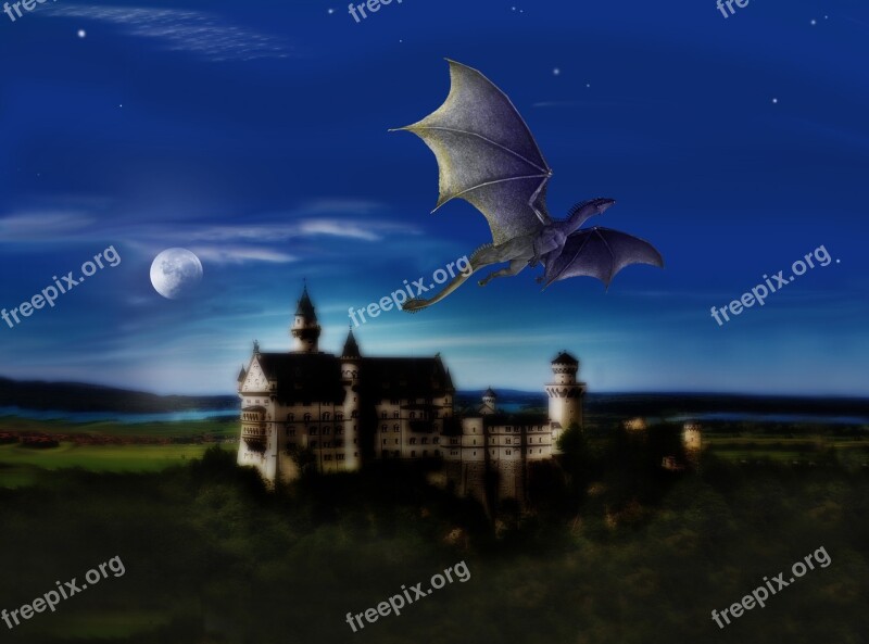 Castle Dragons Night Sky Moon