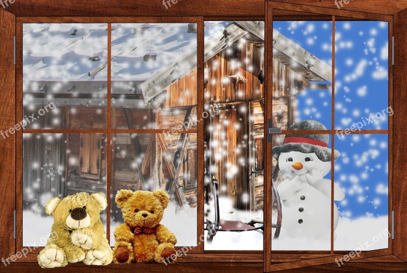 Landscape Winter Window Snow Snowman