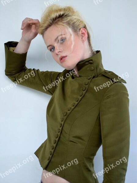 Blonde Hair Blue Eyes Green Jacket Buttons Model