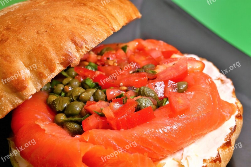 Salmon Cream Cheese Sandwich Food Bread Refreshment Tomato