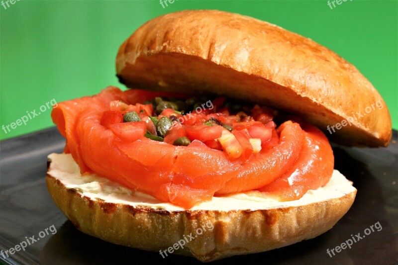 Salmon Cream Cheese Sandwich Food Bread Refreshment Tomato