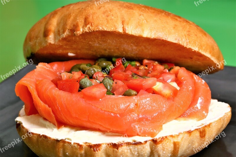 Salmon Cream Cheese Sandwich Food Bread Refreshment Tomato