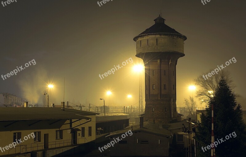 Water Tower Waterworks Railway Station Old Buildings Night