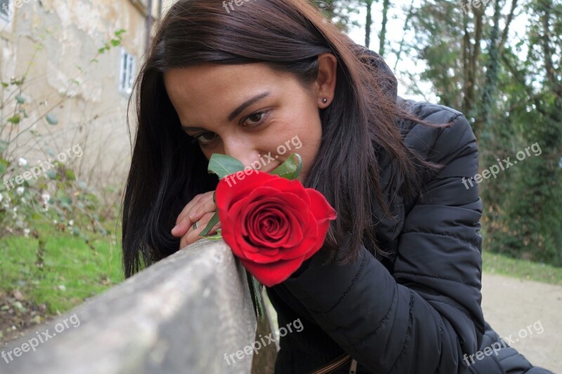 Girl In Love Red Rose Romantic Happy Dreaming