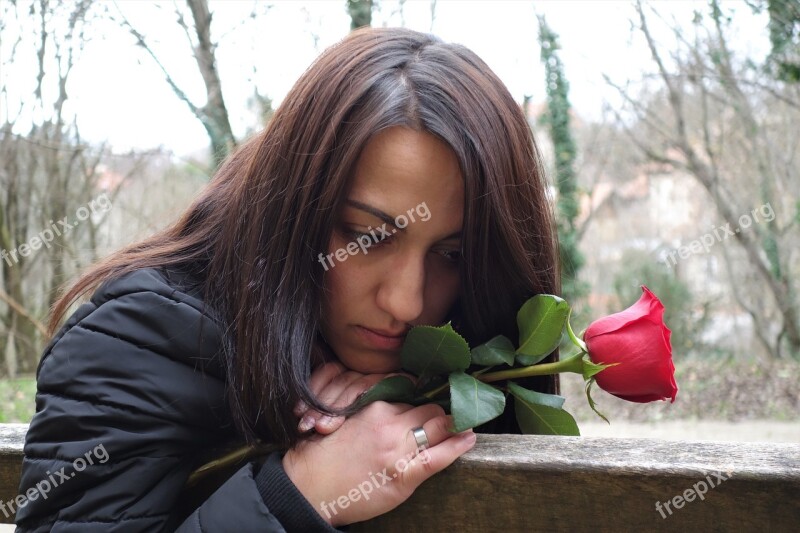 Girl With Red Rose Love Waiting Dreaming Romantic