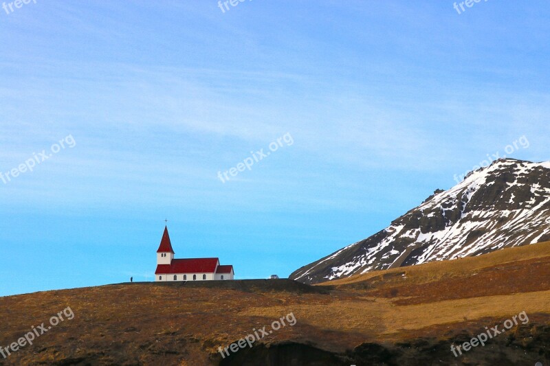 Church Iceland Vik Hill Blue Sky