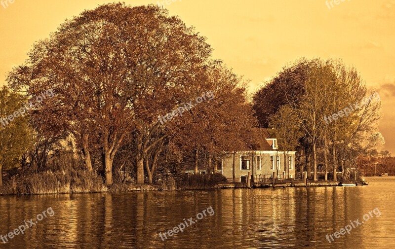 River Farmhouse Trees Riverbank Dutch Farmhouse