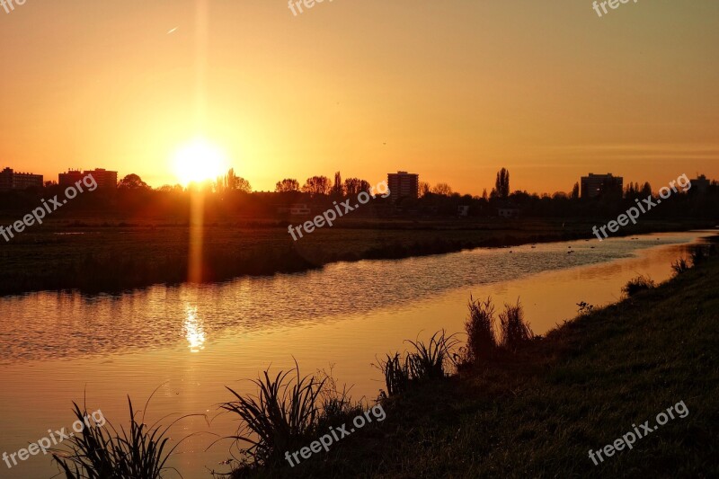 Sunset Waterway Reflection Rural Glow