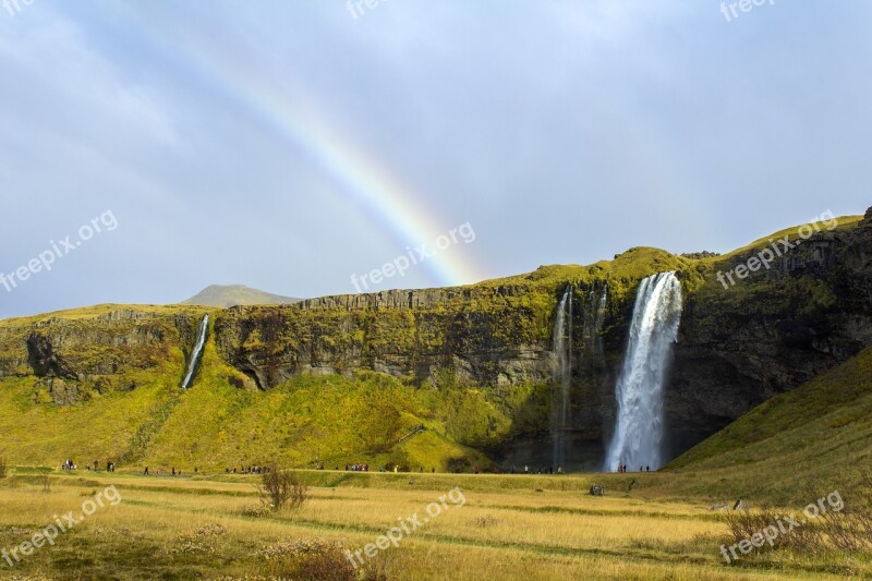 Waterfall Iceland Landscape Rainbow Natural