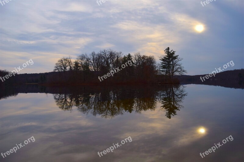 Lake Trees Sun Reflection Landscape