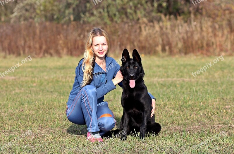 Black German Shepherd Blonde Woman Love Friendship Field