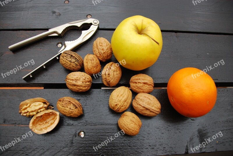 Walnuts Orange Apple Dried Fruit Wood