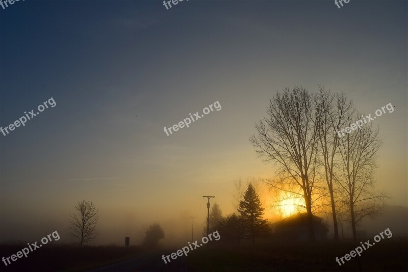 Sunrise Fog Trees Sun Sky