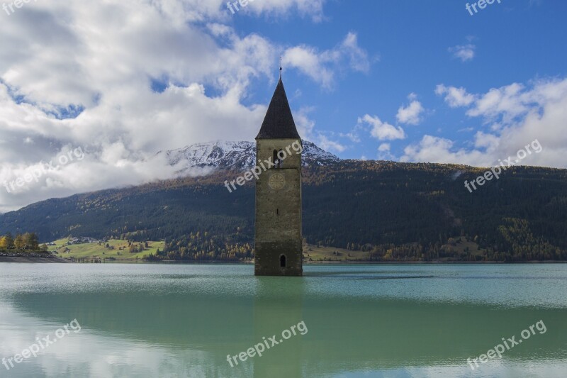 Lake Steeple South Tyrol Clock Tower Sunken Church