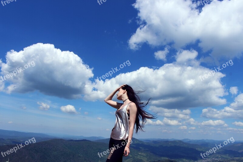 Girl Mountains Freedom Beauty Wind