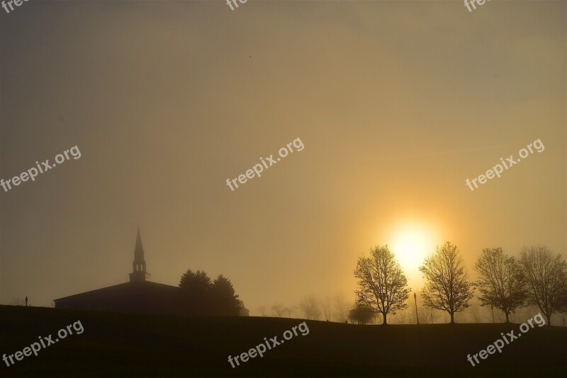 Sunrise Misty Foggy Church Trees