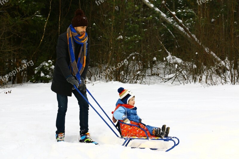 Dad Sled Baby Winter Kids