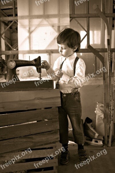 Rustic Boy Sewing Machine Barn Rural Landscape