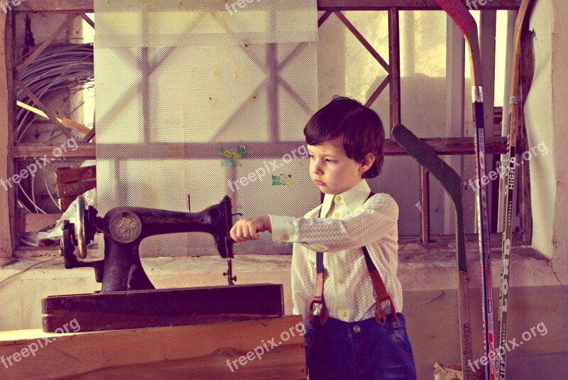 Rustic Boy Sewing Machine Barn Rural Landscape