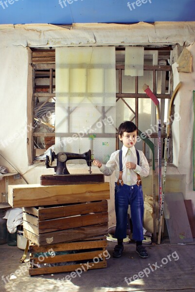 Rustic Boy Sewing Machine Barn Rural Landscape